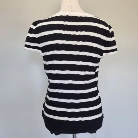 Review Black & White Stripe Bow Detail Cap Sleeve Knit Top Size 14 - Picture 5 of 8